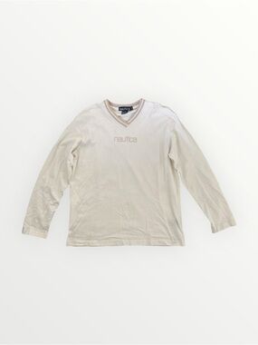Vintage Nautica 1990s White Logo V-Neck Long Sleeve Size L